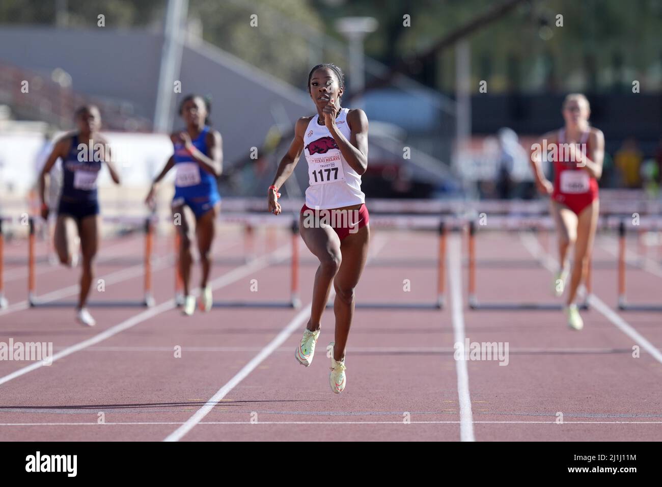 Britton Wilson of Arkansas wins the women's 400m hurdles in 54.37 during the 94th Clyde Littlefield Texas Relays, Friday, Mar 25, 2022, in Austin. Tex Stock Photo