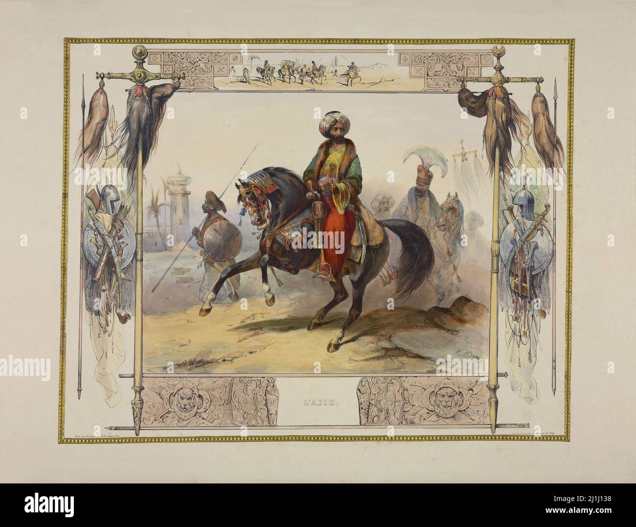 Lithography of Turkish sultan riding an Arabian horse. By Jean Victor Adam ( lithographer, 1801 – 1866). France. 1835 Stock Photo