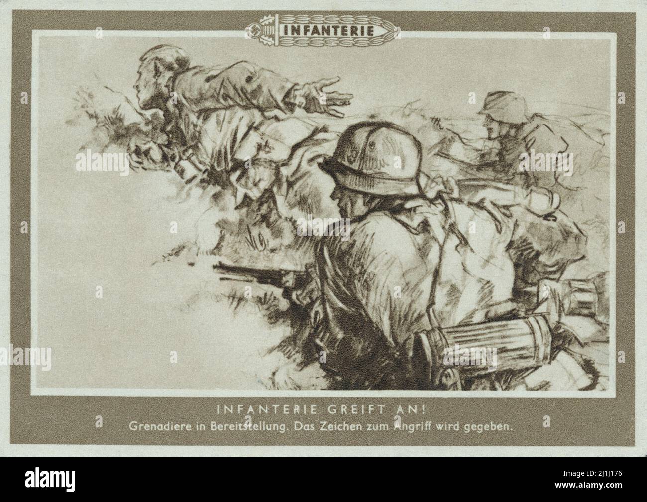 Nazi propoganda postcard. German infantry is attacking! Grenadiers in deployment. The sign for the attack is given. 1939-1944 Stock Photo