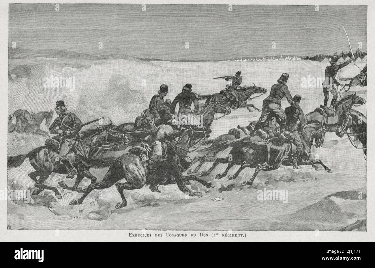 Lithography of cavalry exercises of the Don Cossacks. May 1892 Stock Photo