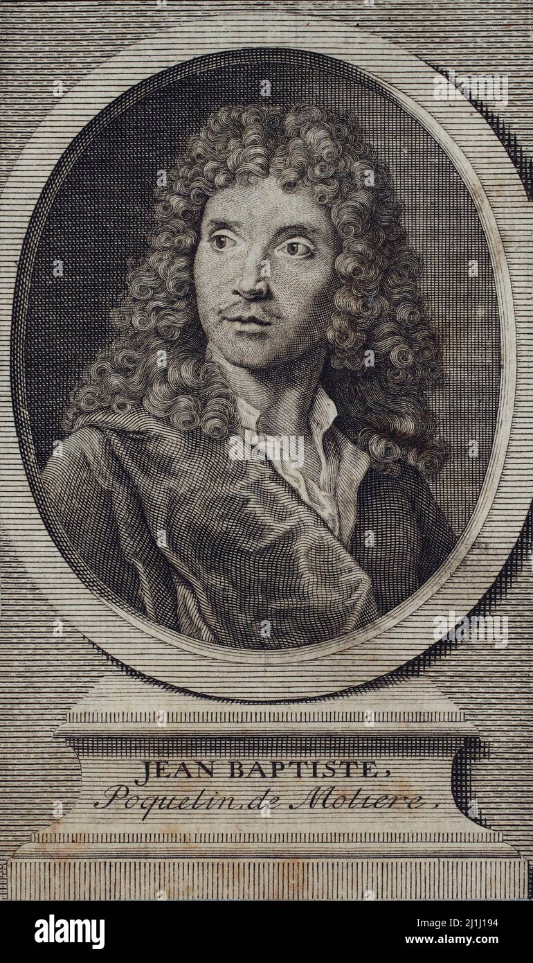 Engraving portrait of Jean Baptiste Poquelin de Moliere, 1660 Jean-Baptiste Poquelin (1622 – 1673), known by his stage name Molière was a French playw Stock Photo