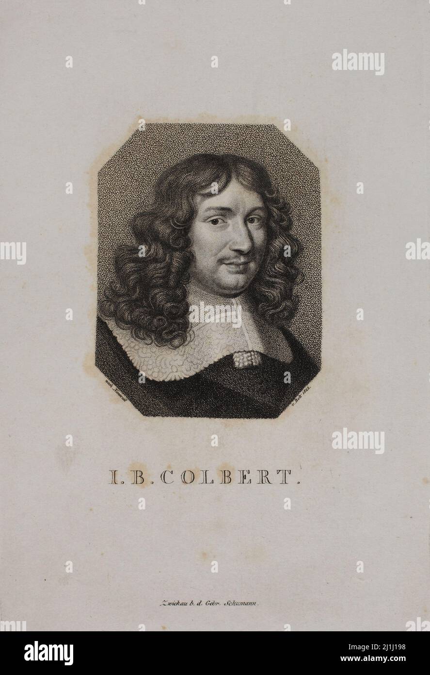 Engraving of Jean-Baptiste Colbert, 1820 Jean-Baptiste Colbert (1619-1683) was a French statesman who served as First Minister of State from 1661 unti Stock Photo