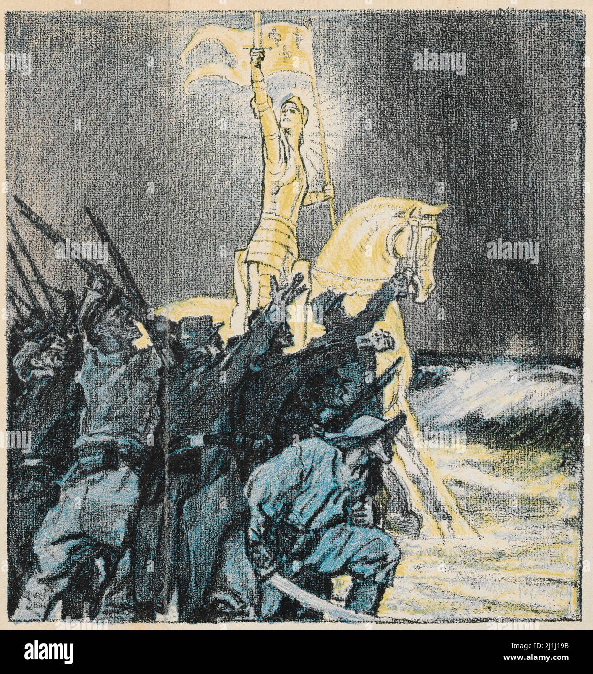 Vintage French patriotic poster: Jeanne d'Arc 1915:  Ta robe flottante, argent et bleu, Ta chaste gorge serree en mailles, Levant tes yeux ravis vers Stock Photo