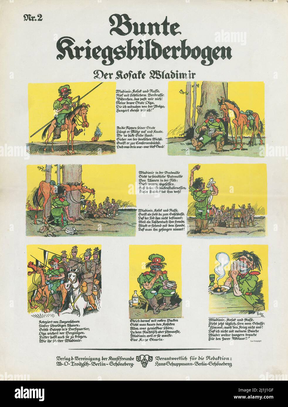 Vintage German Anti-Russian propaganda poster of World War I period: The Cossack Vladimir. 1914 Stock Photo