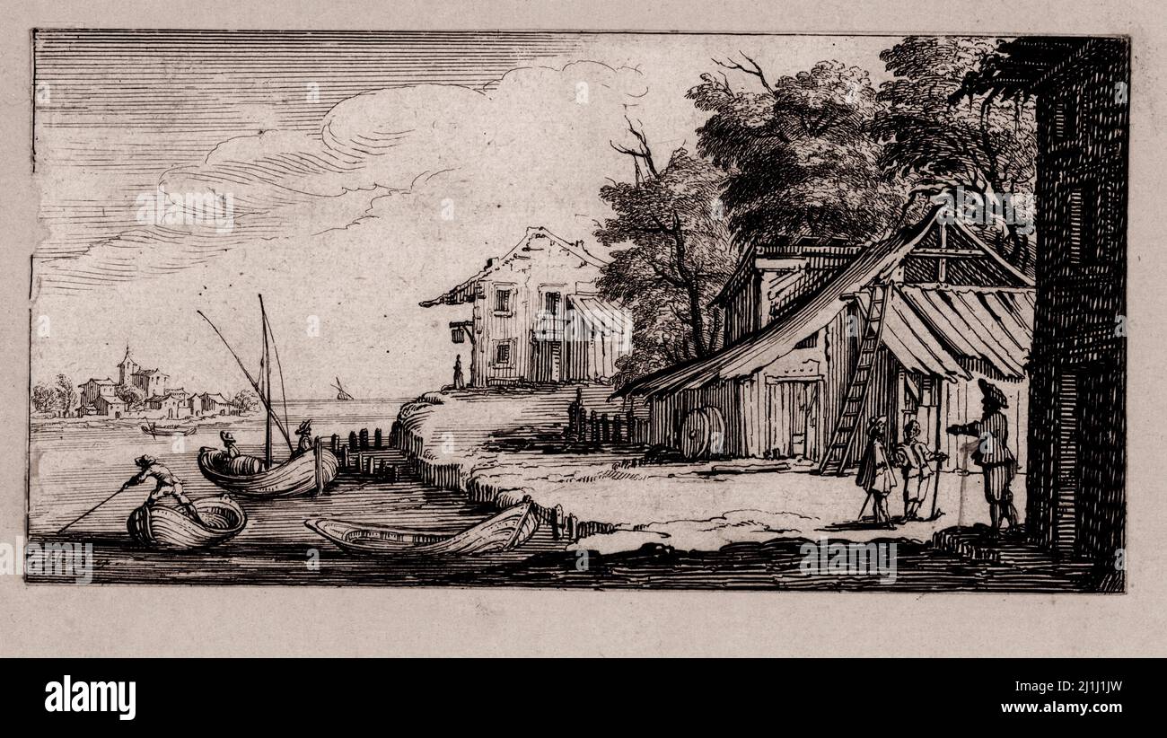 Engraving of rural buildings on the river. By Israël Silvestre, (1621-1691) Stock Photo
