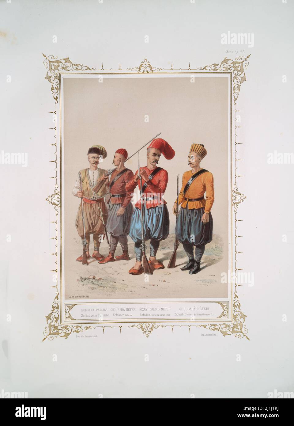 Engraving of Ottoman Empire's military: Eghri Calpaklissi, soldier of the reformation; Choubarà Néféri, soldat of the 1st reform; Nizami Djedid Néféri Stock Photo