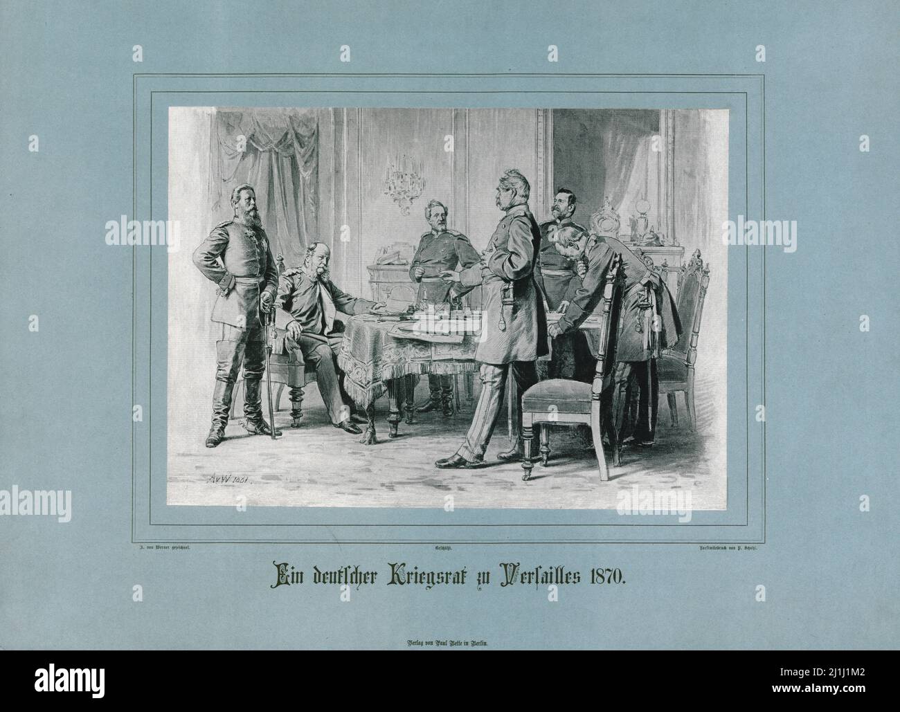 Lithograph of German Emperor William I and the Council of Versailles in 1870. 1881 Stock Photo