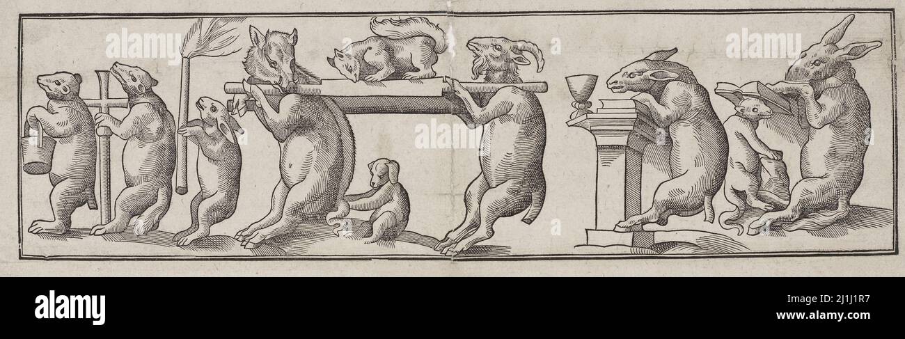 Anti-Catholic satire of 16th century. For example, several rare figures were carved in stone in front of a hundred years in Strasbourg Cathedral / to Stock Photo