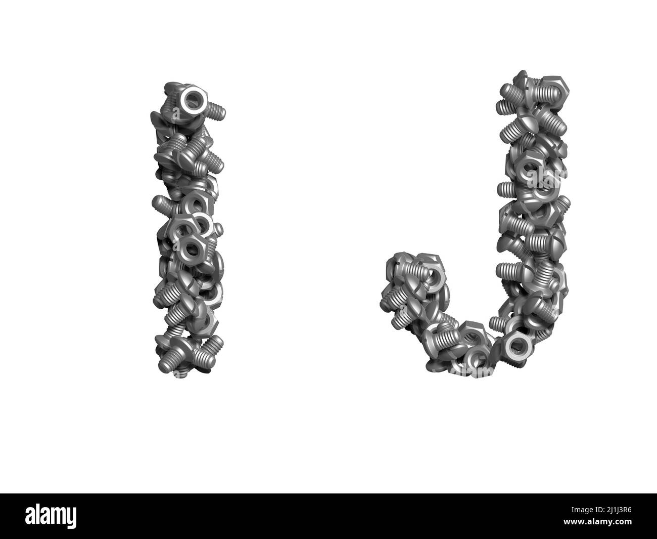3d alphabet, uppercase letters made of bolts, 3d illustration on white background, I J Stock Photo