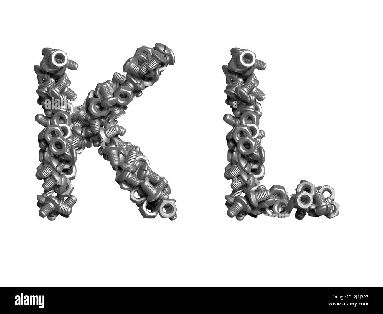 3d alphabet, uppercase letters made of bolts, 3d illustration on white background, K L Stock Photo