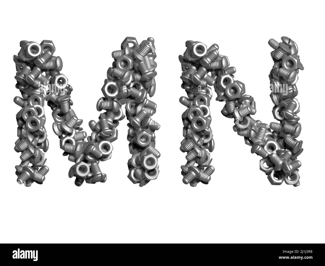 3d alphabet, uppercase letters made of bolts, 3d illustration on white background, M N Stock Photo