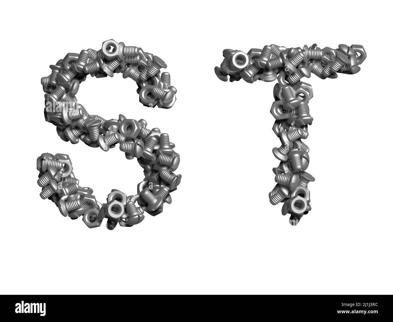 3d alphabet, uppercase letters made of bolts, 3d illustration on white background, S T Stock Photo