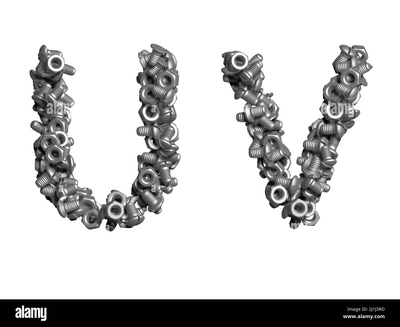 3d alphabet, uppercase letters made of bolts, 3d illustration on white background, U V Stock