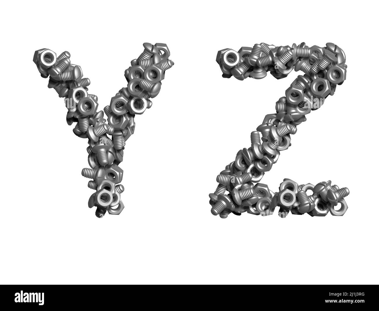 3d alphabet, uppercase letters made of bolts, 3d illustration on white background, Y Z Stock Photo