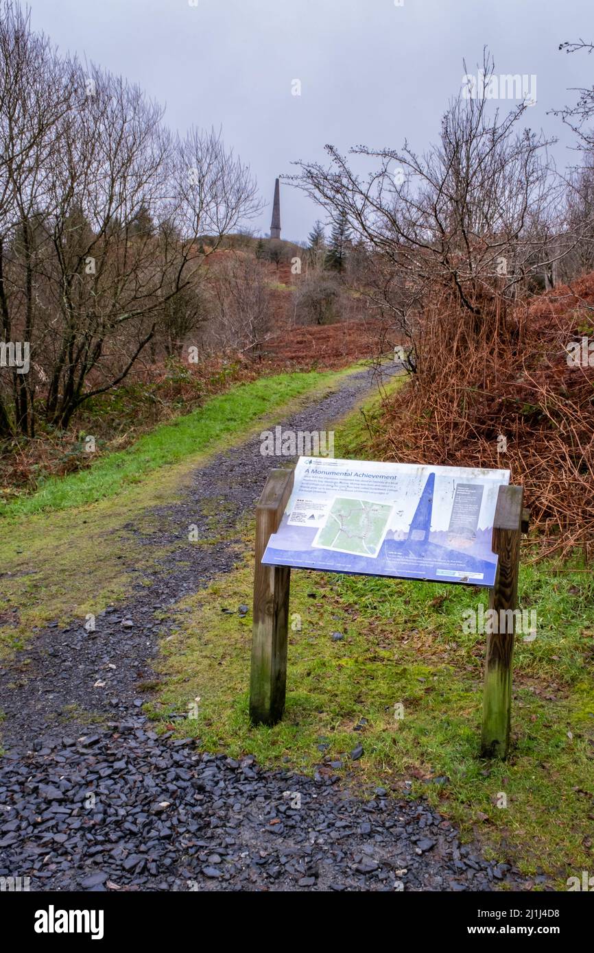 Newton Stewart, Scotland - December 30th 2021: Information sign and trail leading up to Murray's Monument, Galloway Forest Park, Scotland Stock Photo