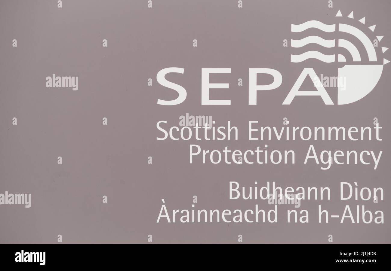 Newton Stewart, Scotland - December 30th 2021: SEPA - Scottish Environmental Protection Agency logo and gaelic translation Stock Photo