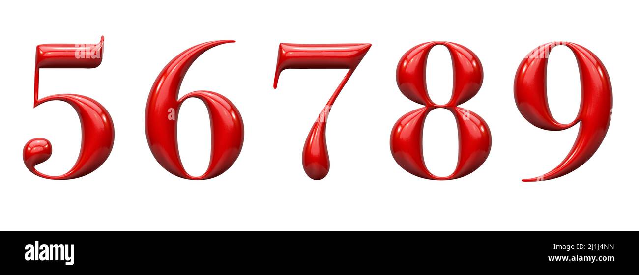 set of red 3d numbers, plastic embossed alphabet, 5 6 7 8 9 Stock Photo