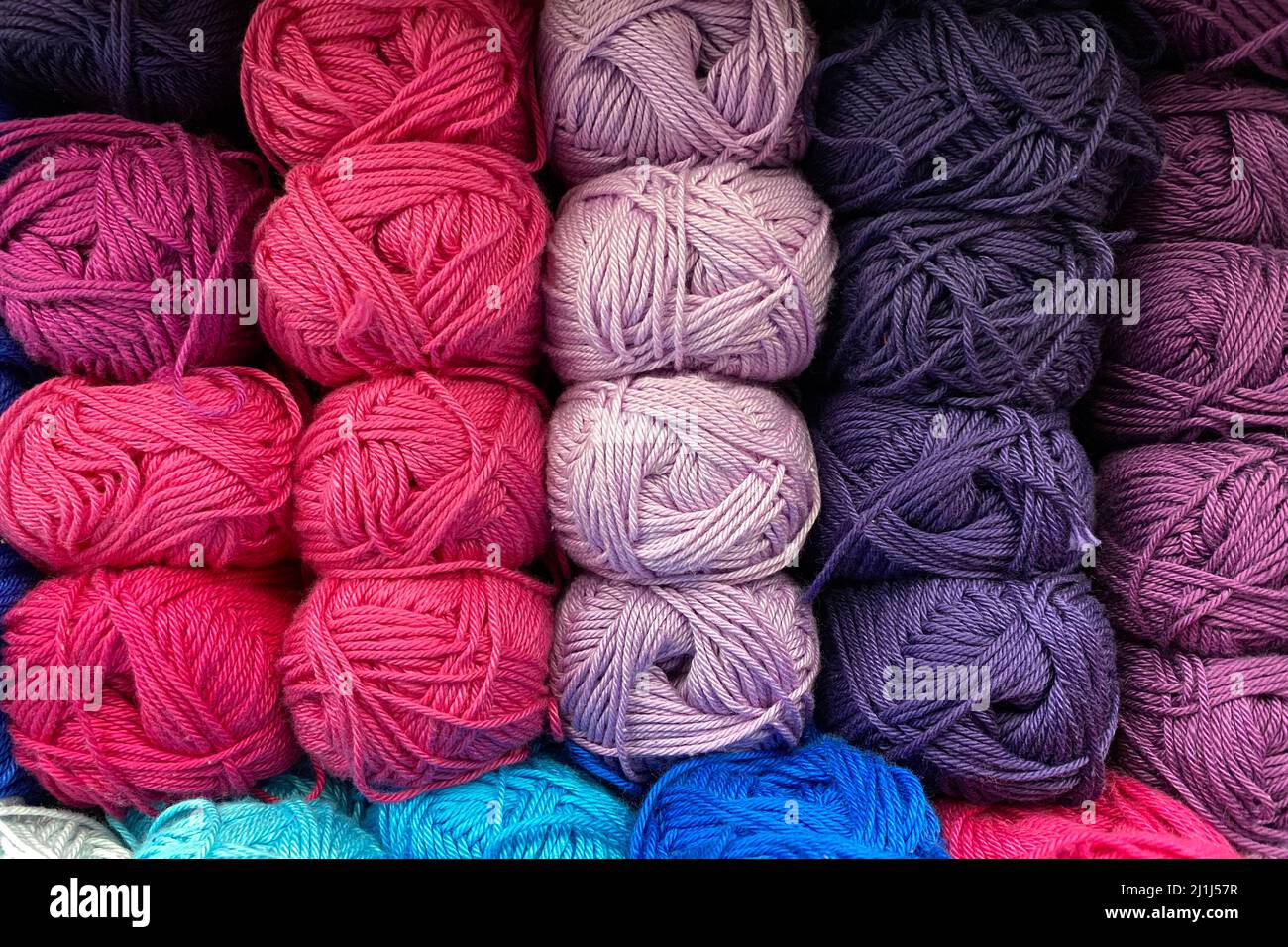 pink-purple range of wool yarn. multi colored skeins of wool Stock Photo