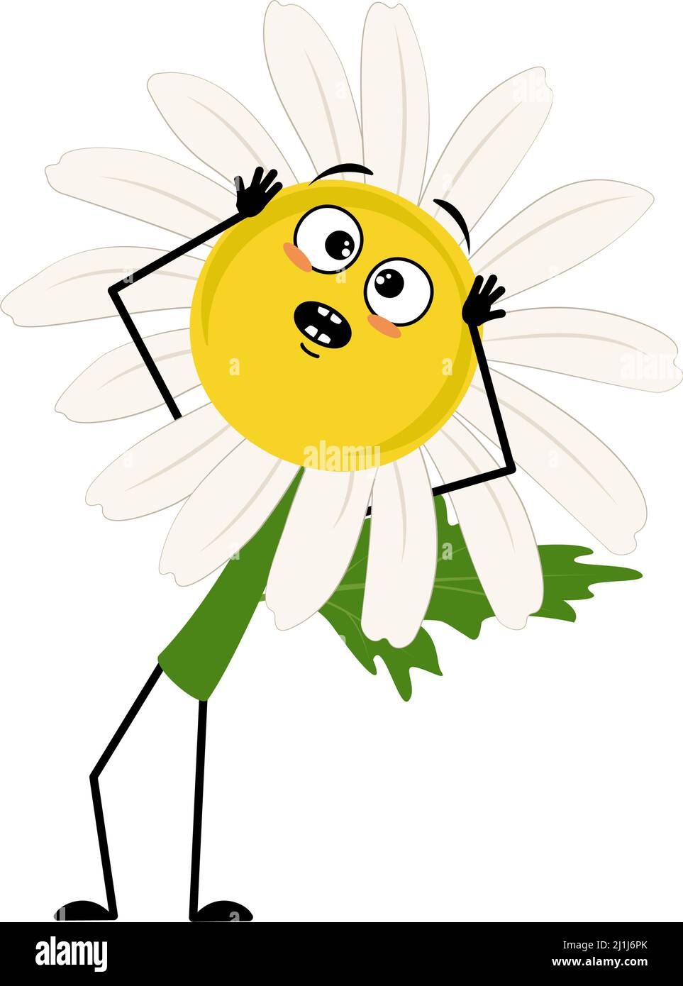 Chamomile character with emotions in panic grabs his head