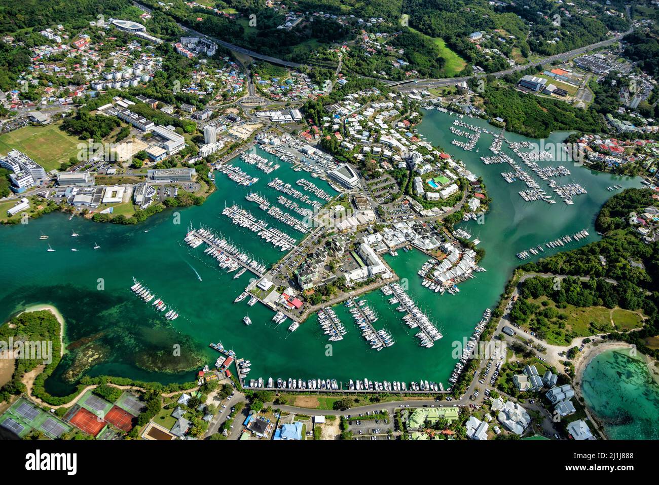 Aerial view of Marina Bas-du-Fort, Pointe-à-Pitre, Grande-Terre, Guadeloupe, Lesser Antilles, Caribbean. Stock Photo
