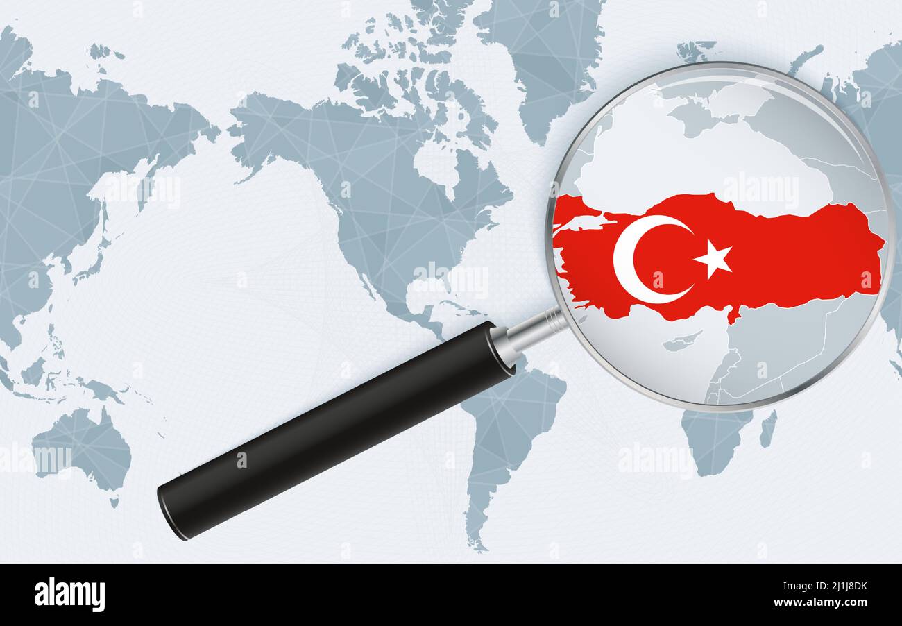 Enlarged map of Turkey on America centered World Map. Magnified map and flag of Turkey. Vector template. Stock Vector