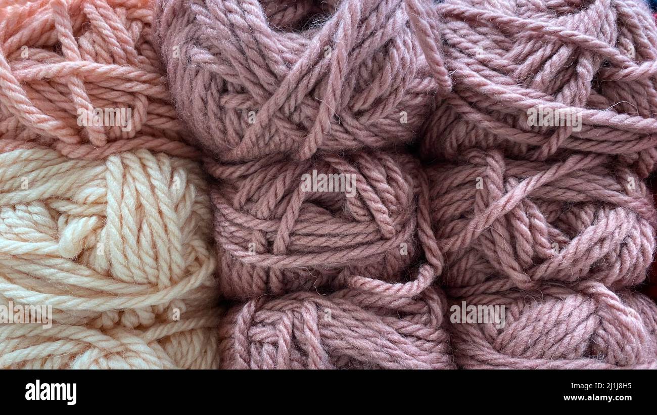 pink and white range of wool yarn. Multicolored skeins of wool close-up Stock Photo