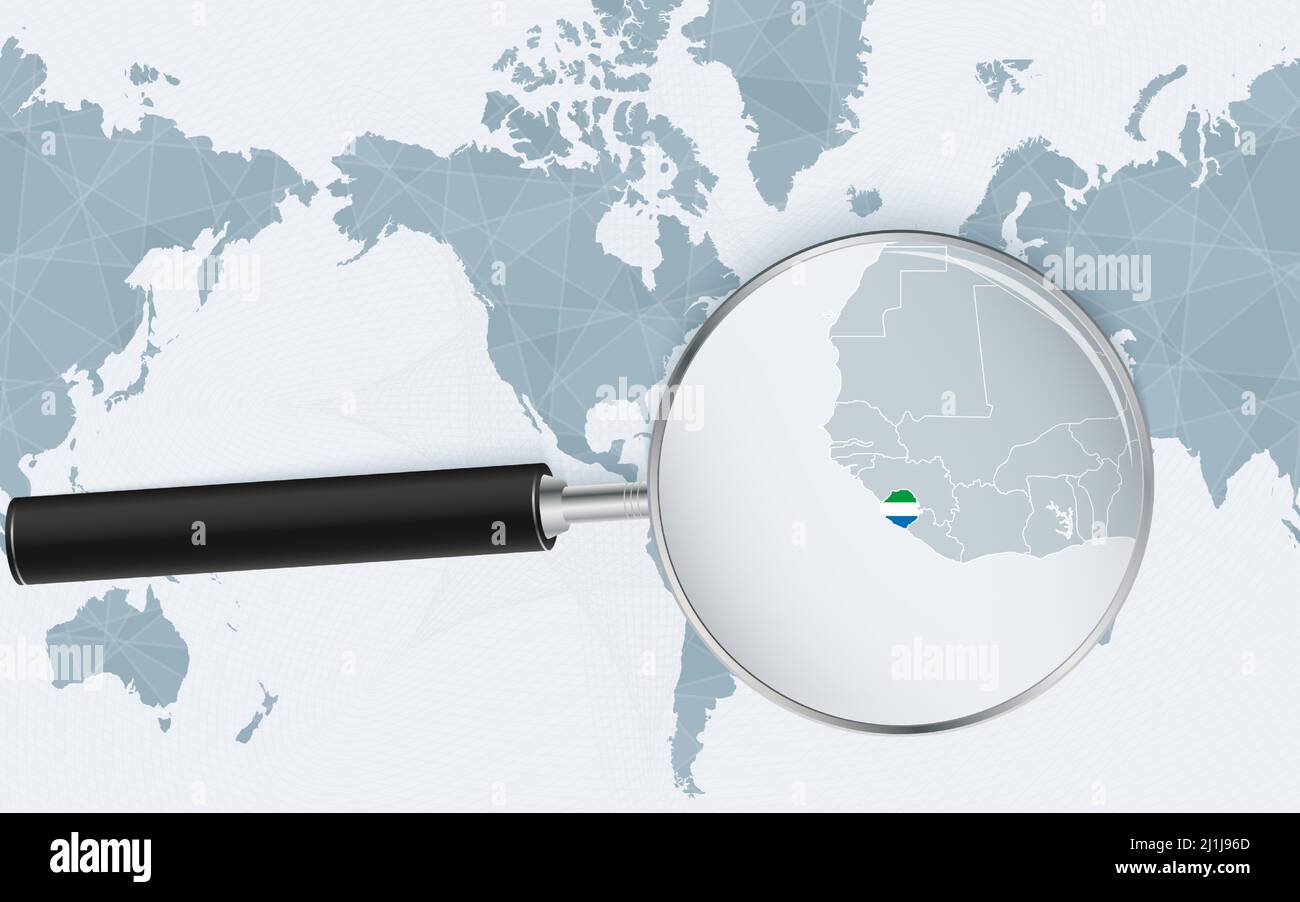 Enlarged map of Sierra Leone on America centered World Map. Magnified ...