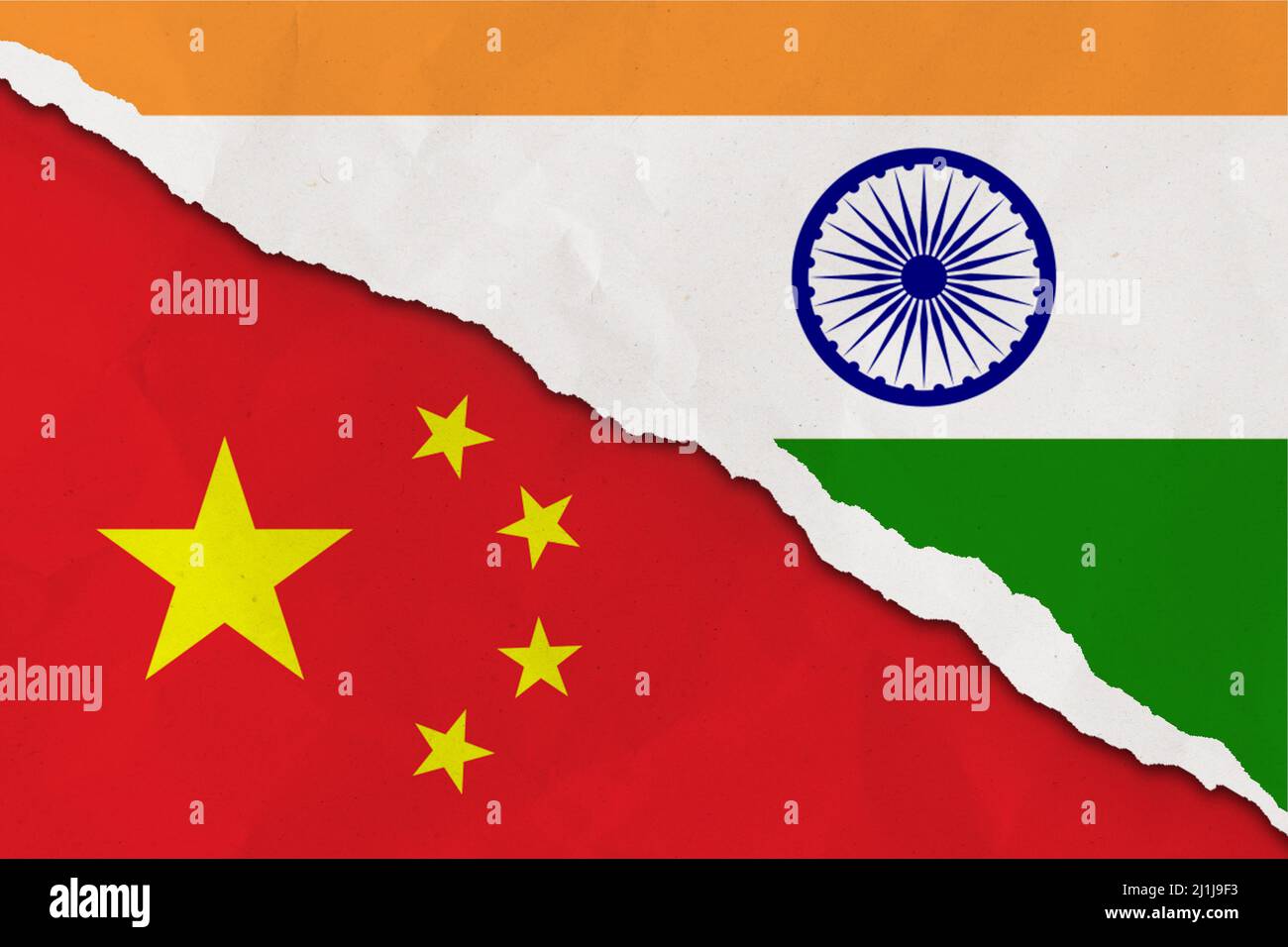 China and India flag ripped paper grunge background. Abstract China and India economics, politics conflicts, war concept texture background Stock Photo
