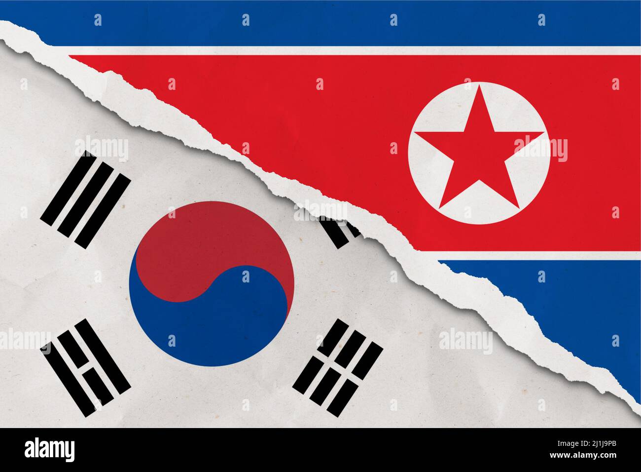 South Korea and North Korea flag ripped paper grunge background. Abstract South Korea and North Korea economics, politics conflicts, war concept textu Stock Photo