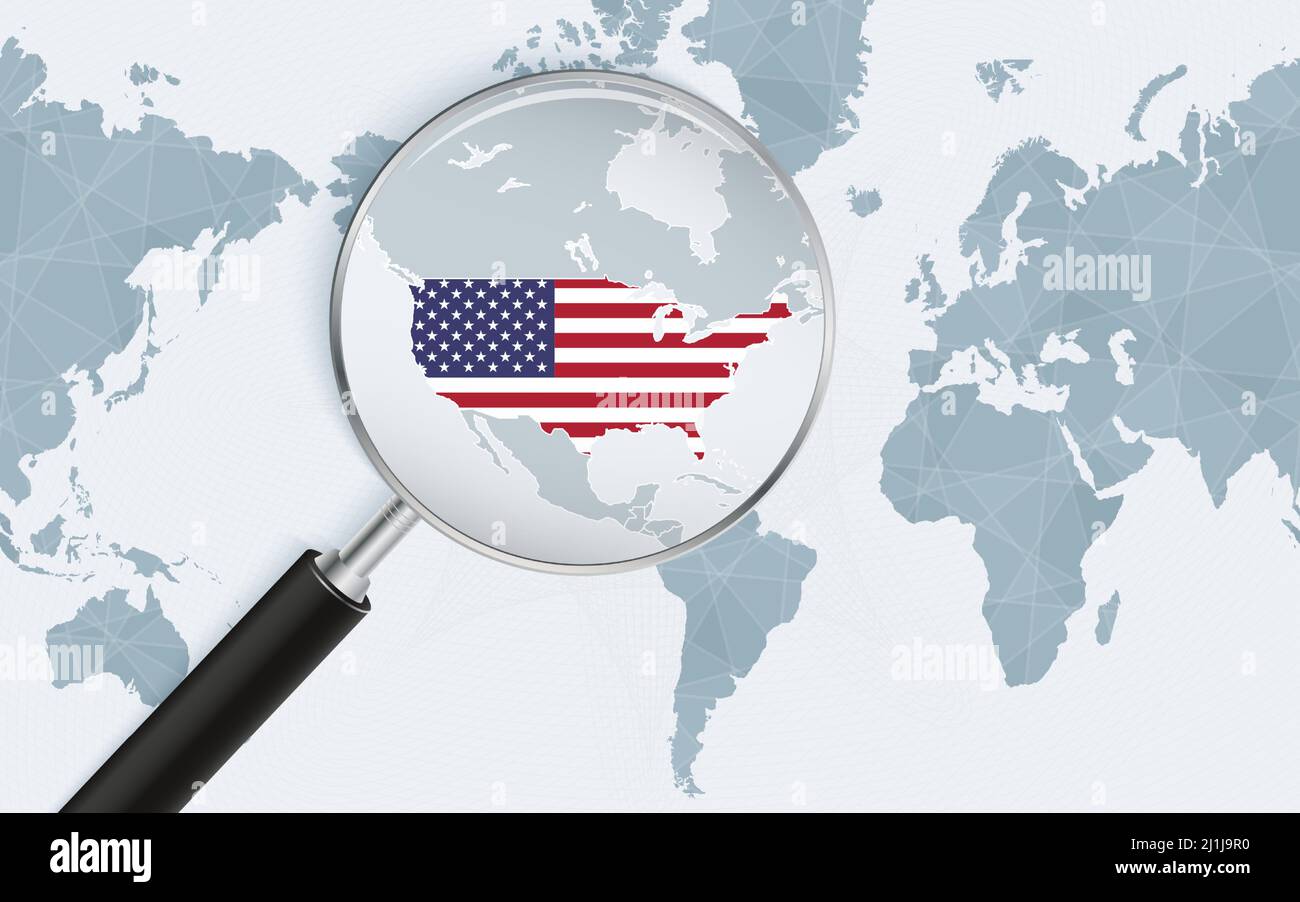 Enlarged map of USA on America centered World Map. Magnified map and flag of USA. Vector template. Stock Vector