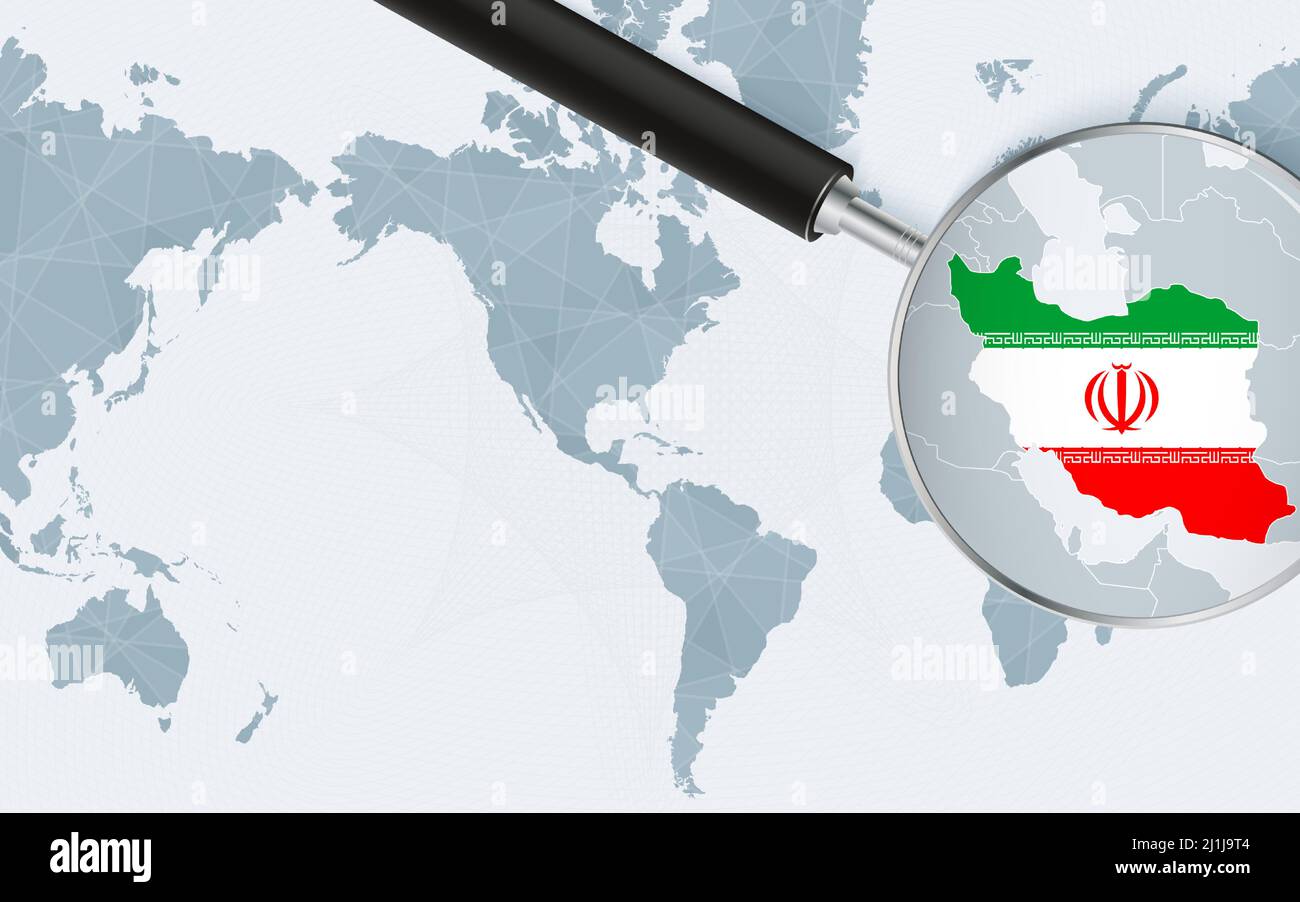 Enlarged map of Iran on America centered World Map. Magnified map and flag of Iran. Vector template. Stock Vector