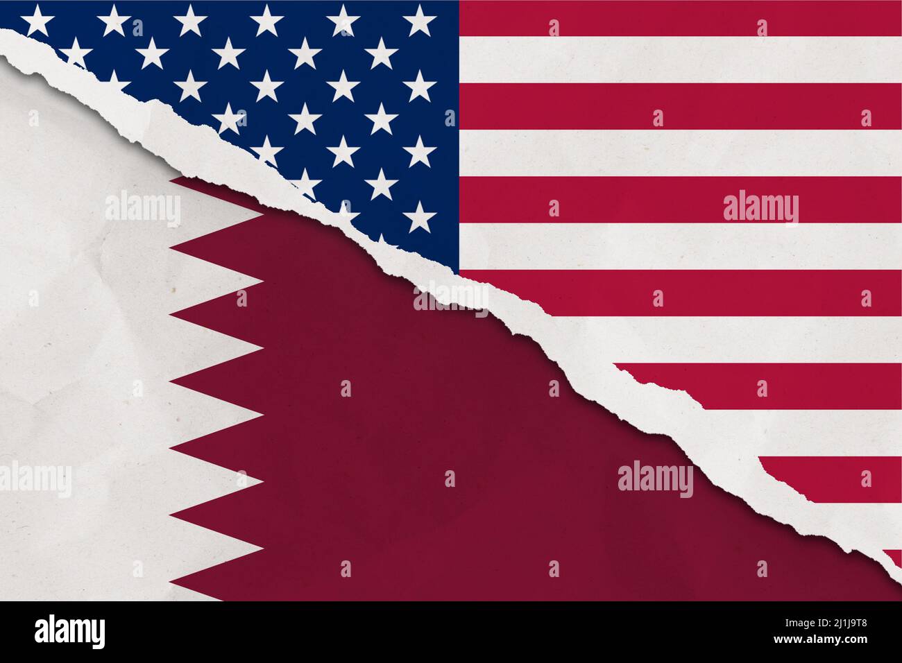 United States and Qatar flag ripped paper grunge background. Abstract United States and Qatar economics, politics conflicts, war concept Stock Photo