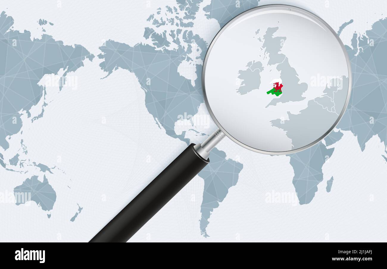 Enlarged map of Wales on America centered World Map. Magnified map and flag of Wales. Vector