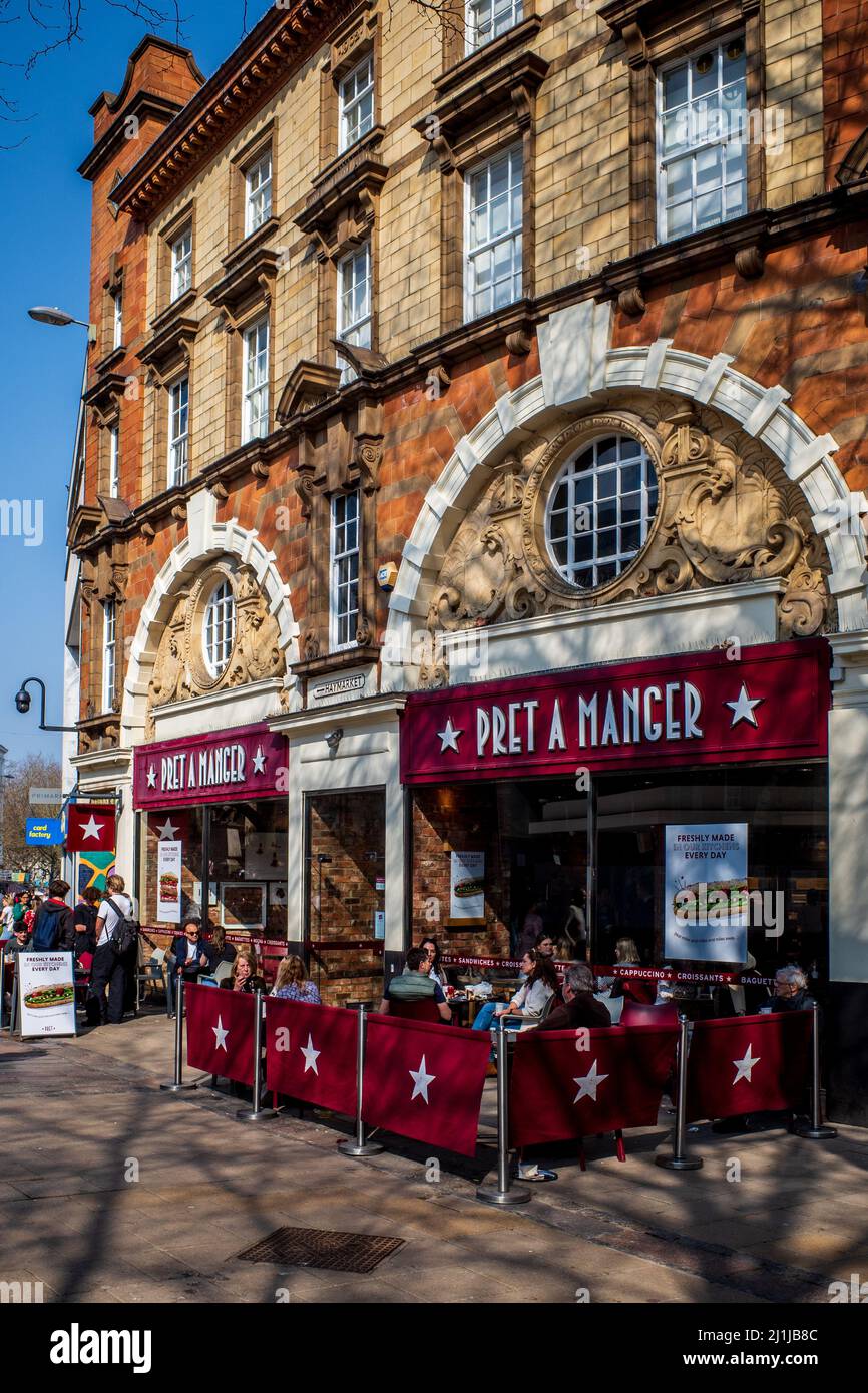 Pret a Manger store Norwich - the Pret A Manger sandwich and coffee shop in the Haymarket in Norwich UK. Pret is a UK based chain founded in 1983. Stock Photo