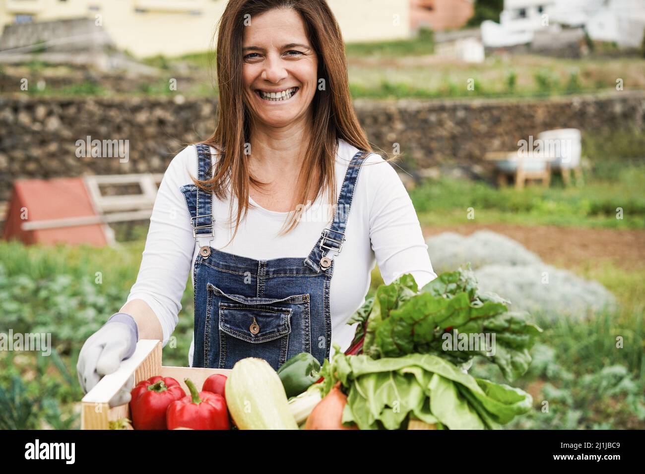 Mature farmer woman holding wood box with fresh organic vegetables ...
