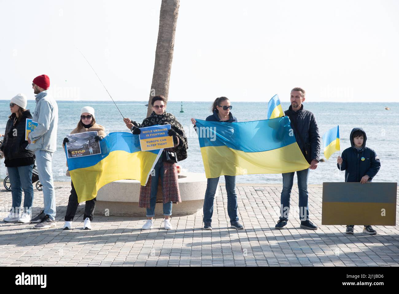 Protest against Russian invasion of Ukraine at Paphos harbour in Cyprus. Stock Photo