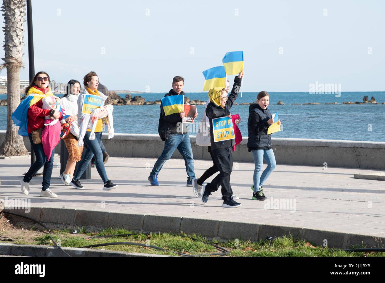 Protest against Russian invasion of Ukraine at Paphos harbour in Cyprus. Stock Photo