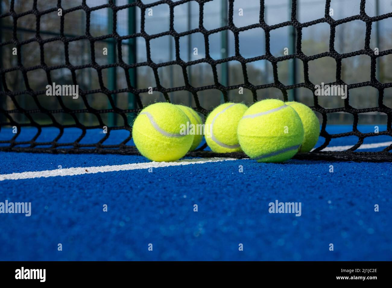 selective focus, five paddle tennis balls near the net of a blue paddle
