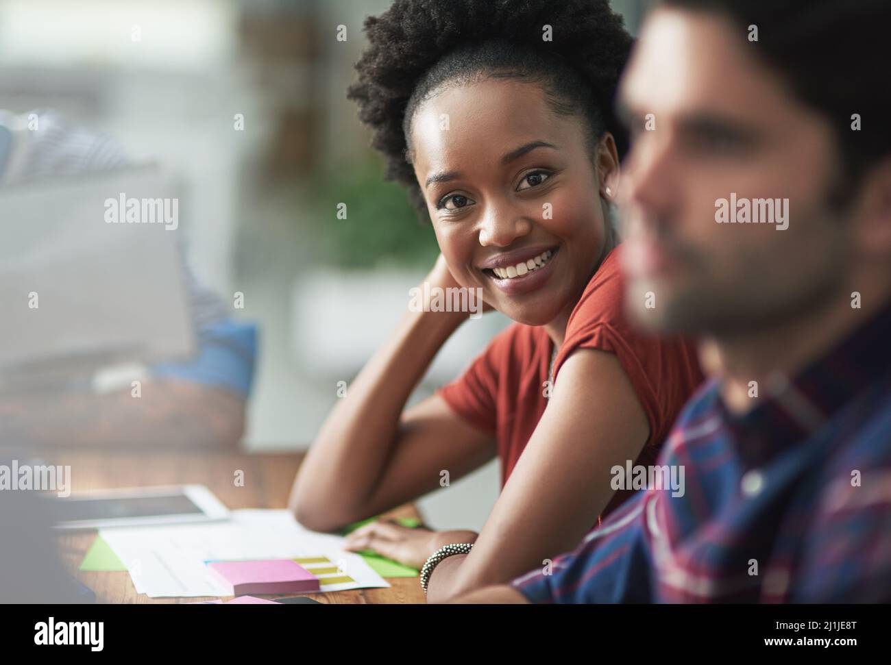 Who said business has to be boring. Cropped shot of a creative businesswoman looking happy at a meeting. Stock Photo