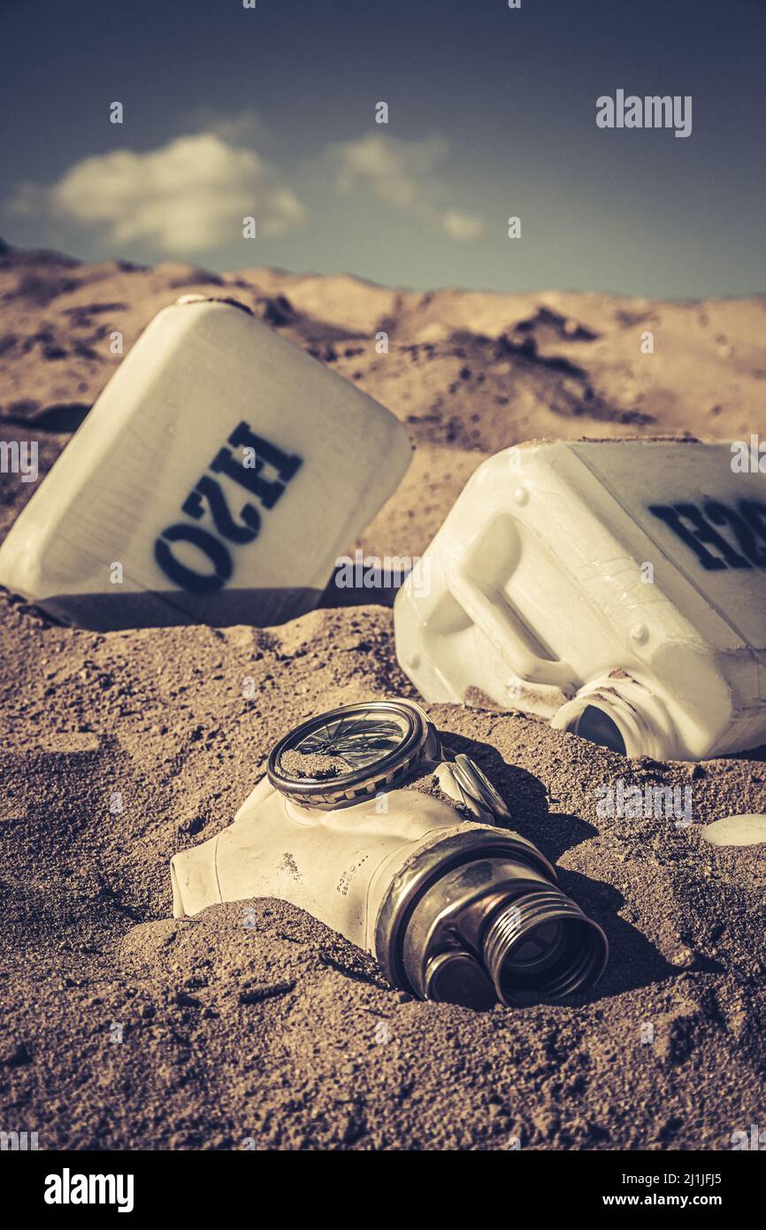 Unclean water cans in polluted and danger area. Climate change on earth and lack of drinking water. Stock Photo
