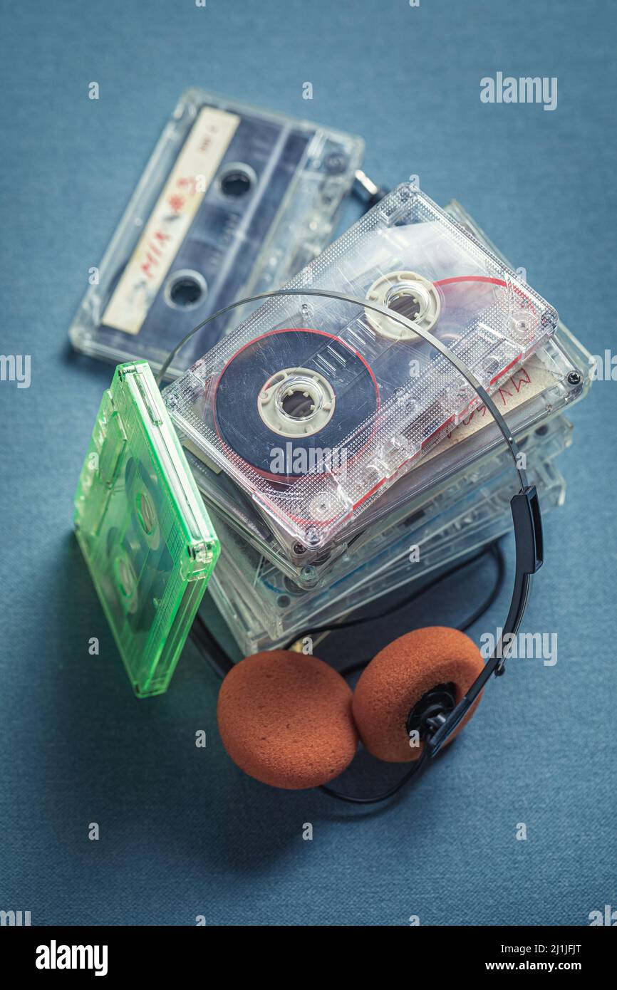 Classic pile of cassette tapes as symbol of analog music. Cassette