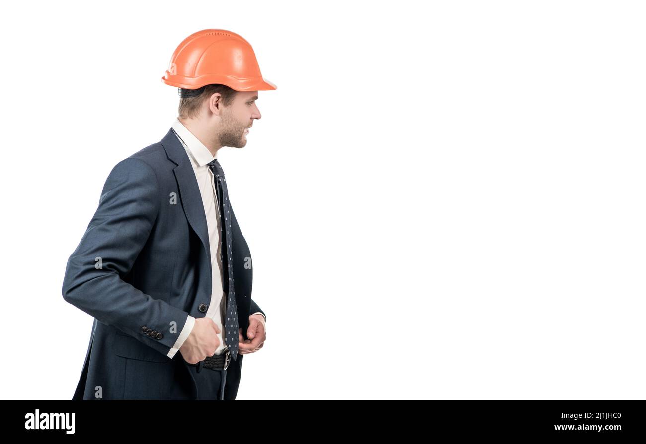 Professional man wear hardhat with formal suit isolated on white copy space, engineer Stock Photo