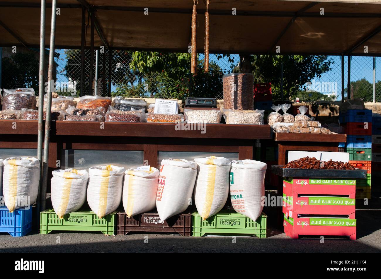 Street market stall with variations of nuts and dry fruits. Nicosia