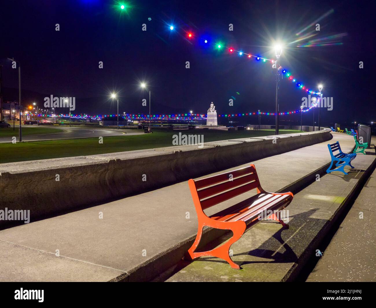 Night view of the Promenade and War Memorial at Largs in Ayrshire, Scotland Stock Photo