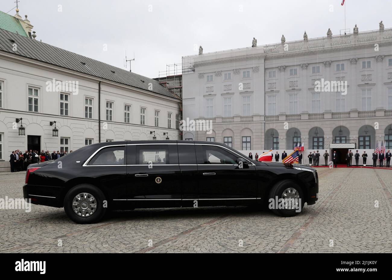 U.S. President Joe Biden is seen in the U.S. presidential state car, also known as The Beast, as he arrives for a meeting with Polish President Andrzej Duda, as the Russian invasion of Ukraine continues, outside the Presidential Palace in Warsaw, Poland March 26, 2022. REUTERS/Kacper Pempel Stock Photo