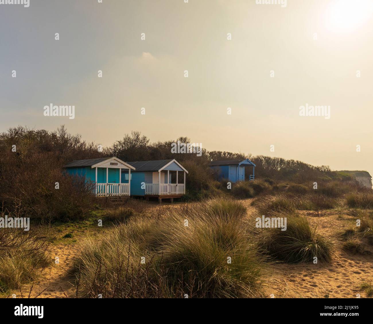 Beach Huts in Dunes at Old Hunstanton on a Sunny March Afternoon Stock Photo