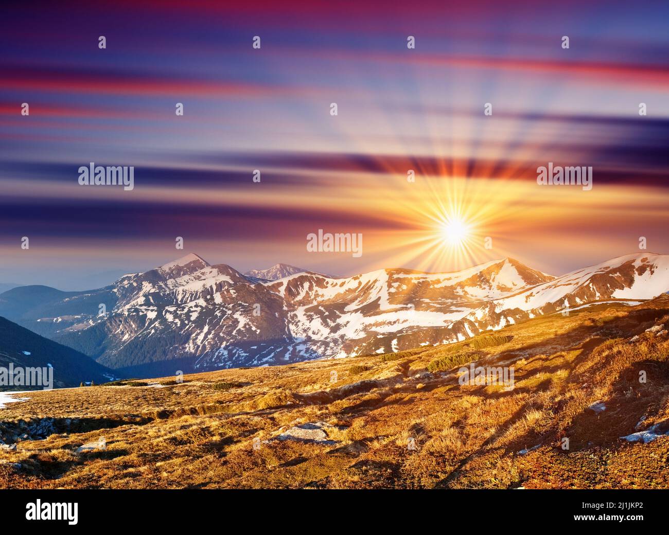 Majestic sunset in the mountains landscape. HDR image Stock Photo - Alamy