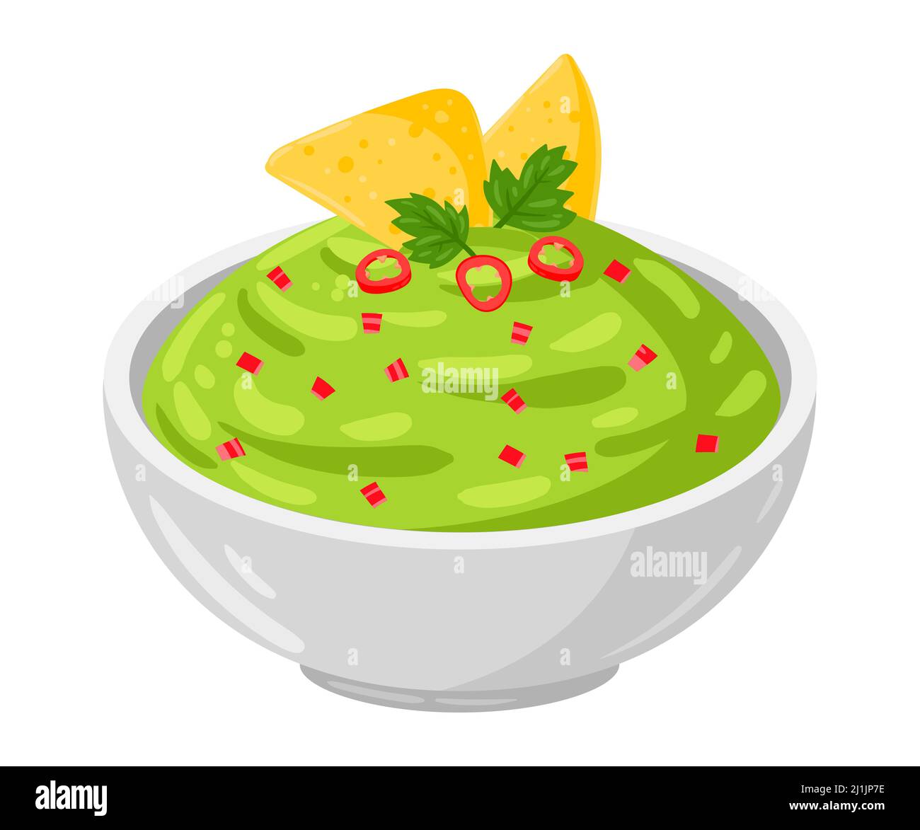 Cartoon Guacamole with vegetables, vector illustration, Mexican traditional food. Isolated on white background. Stock Vector