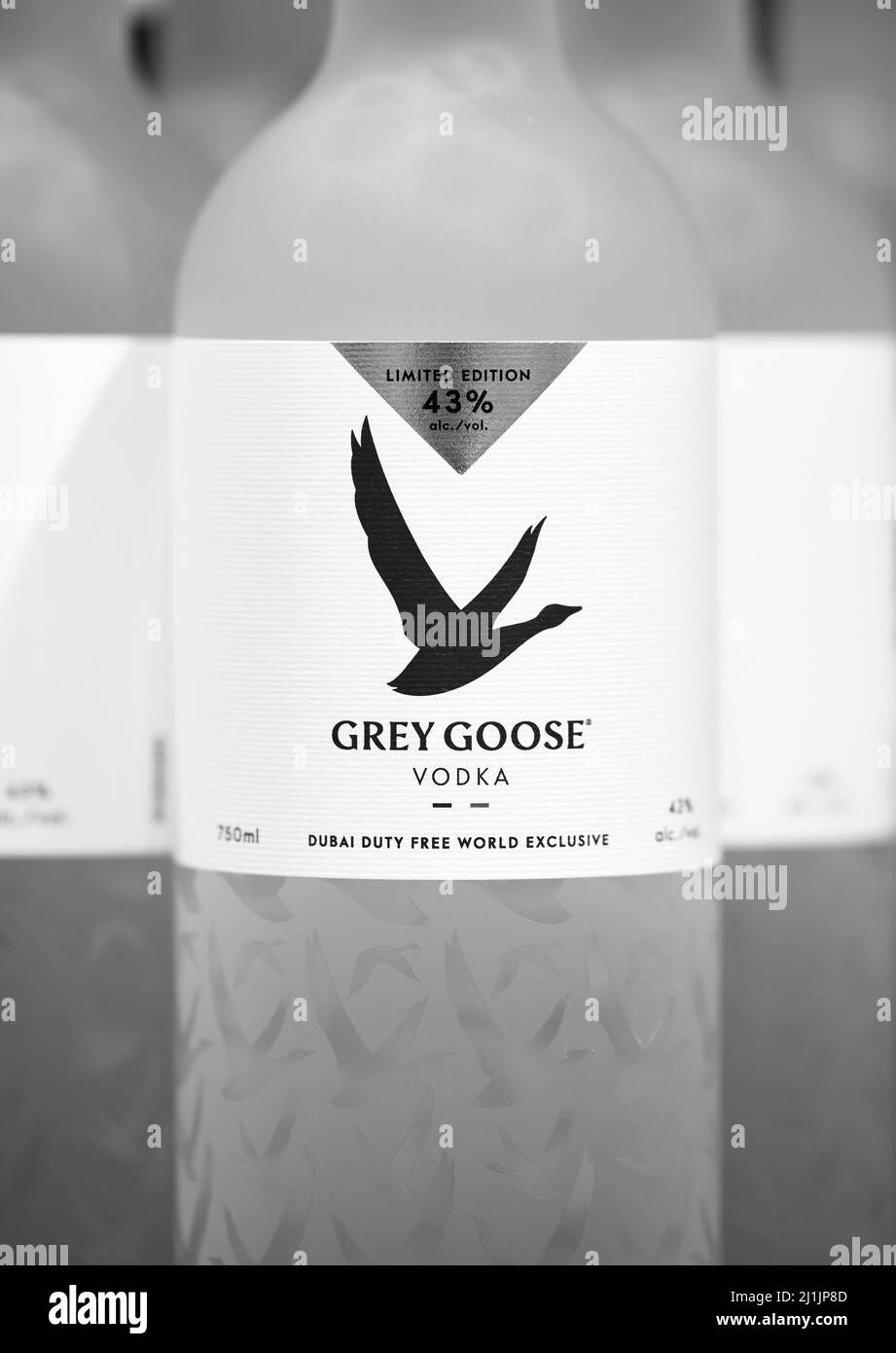French vodka. Bottles of Grey Goose vodka fortress 43 degrees, on a shelf in duty free shop in Dubai Airport. Traditional souvenir. 12,02,2022, Dubai Stock Photo
