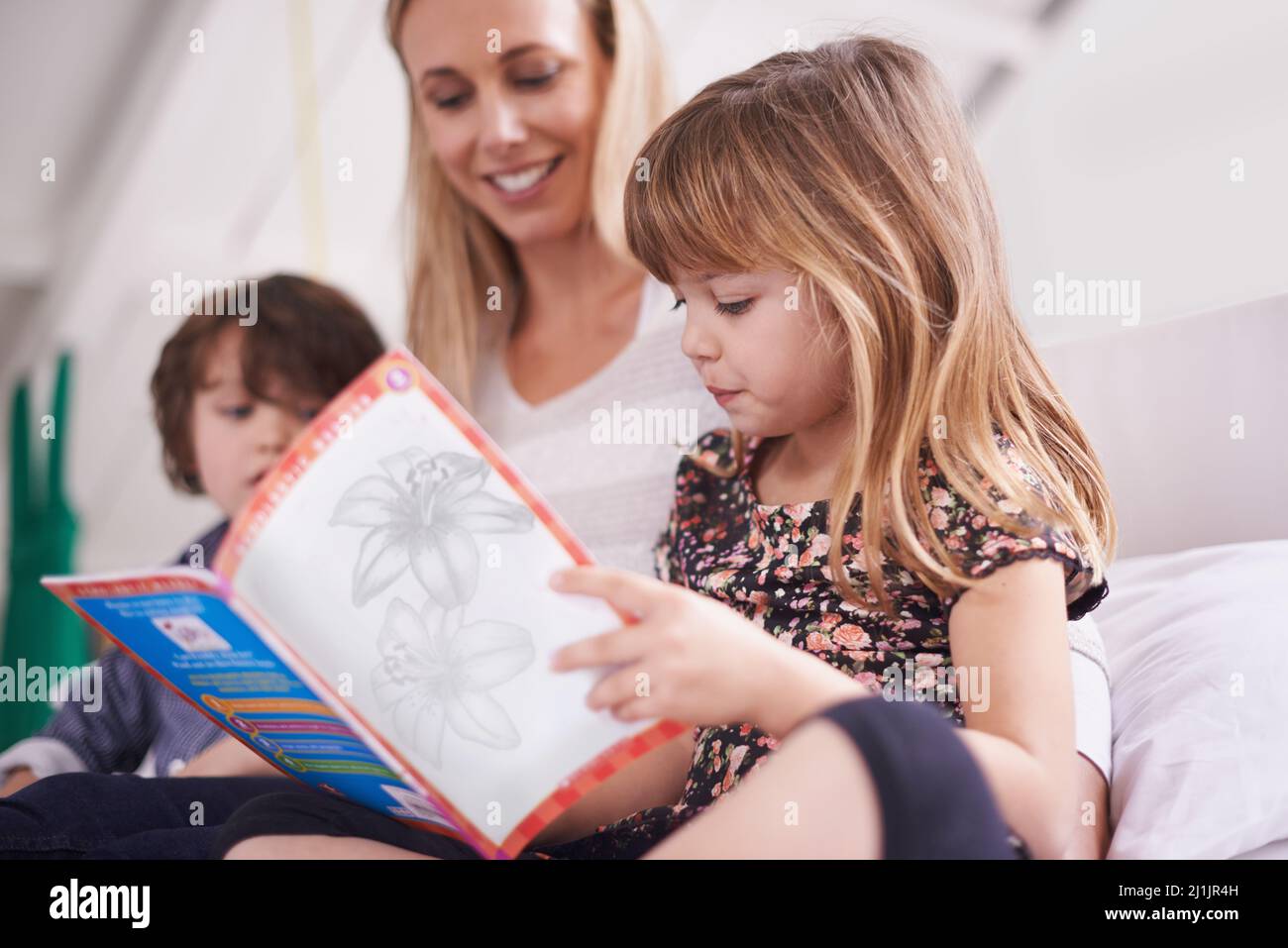 Taking a reading adventure together. Shot of a mother reading with her children at home. Stock Photo